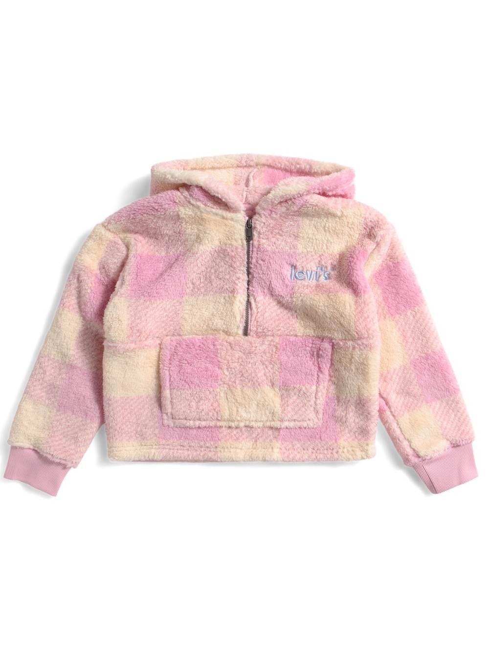 NWT 🌸 Levi's Pink & Cream Check Plush Hooded Half-Zip Pullover